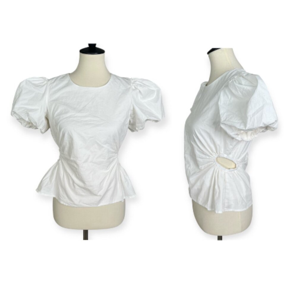 Scoop Poplin Puff Sleeve Top with Cutouts White Back Zip Sz M